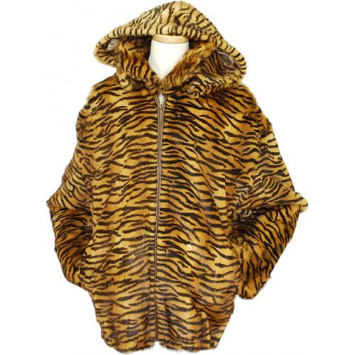 Winter Fur Gold / Black Tiger Print Genuine Full-Skin Mink Fur Bomber Jacket/Detachable Hood